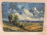 une peinture à l'huile d'un paysage avec un arbre au premier plan