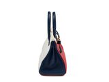 a white and blue handbag with two handles on a white background