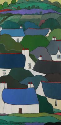 a painting of a village with houses on a hill