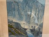 painting of a mountain scene with a bridge over a river