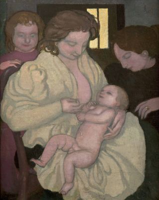 tableau représentant une femme tenant un bébé dans une pièce où se trouvent d'autres personnes