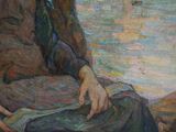 painting of a man sitting on a bench next to a body of water