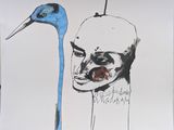 dessin représentant un oiseau et le visage d'un homme sur une feuille de papier