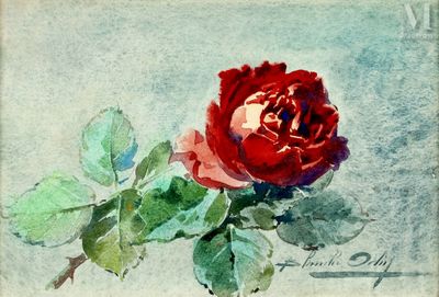 a painting of a red rose with green leaves on it
