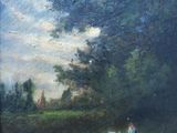 an oil painting of two people walking down a dirt road by a river