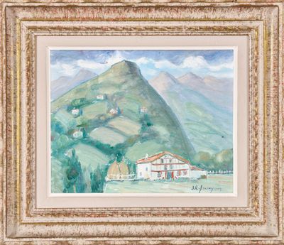 a painting of a house on a hill with mountains in the background