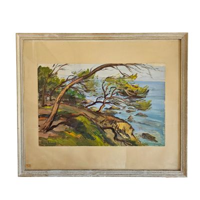 une image représentant un tableau d'un arbre sur une falaise au bord de l'océan