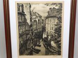 a black and white drawing of a canal scene with boats