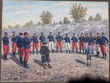 un tableau représentant un groupe d'hommes debout dans un champ