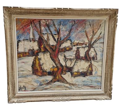 une peinture à l'huile représentant un village sous la neige