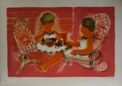 painting of two women sitting at a table with a cat
