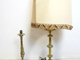 pair of antique brass table lamps with a cream shade