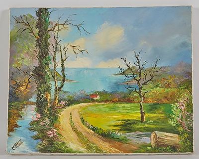 un tableau représentant une route de campagne avec une maison rouge au loin