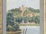 an image of a painting of a castle on a hill above a lake