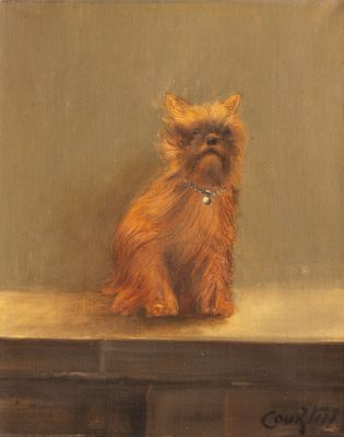 tableau représentant un petit chien assis sur une table devant un mur