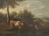a painting of cows in a field by a stream