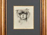 painting of a dog in a frame with a black background