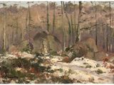 une image représentant un tableau représentant un paysage enneigé avec une grange en arrière-plan
