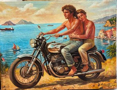 un tableau représentant un homme et une femme à moto