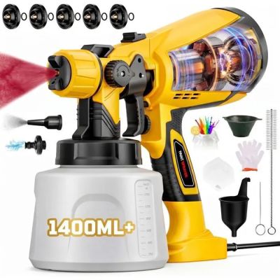 un gros plan d'un pistolet à peinture jaune et noir accompagné de divers outils