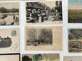 several old black and white photos of people and animals on a wall