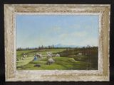 a painting of sheep grazing in a field with a mountain in the background