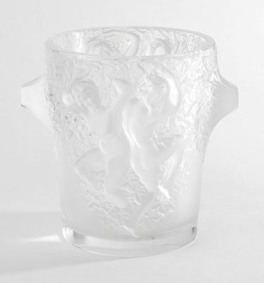 a frosted glass vase with a handle on a white background