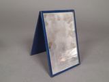 a blue frame with a mirror on it on a table