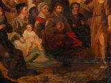 painting of a group of people gathered around a baby in a room