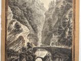 une vieille photo représentant un tableau d'un pont enjambant une rivière
