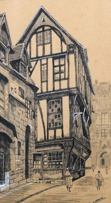 un dessin représentant un immeuble situé à l'angle d'une rue