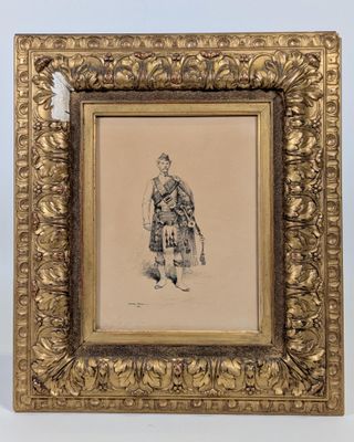 un dessin représentant un homme en kilt est présenté dans un cadre doré