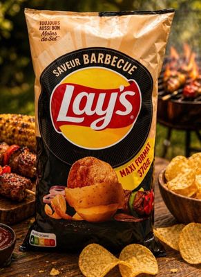 un paquet de chips Lays posé sur une table en bois