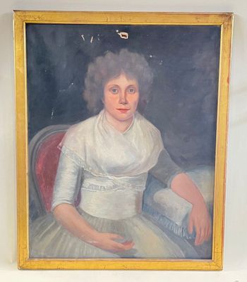 painting of a woman in a white dress sitting on a red chair