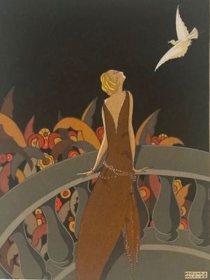 tableau représentant une femme en robe marron debout sur un pont, avec un oiseau volant au-dessus d'elle