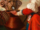 an oil painting of a woman in a red dress holding a pot