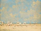 une peinture représentant une scène de plage avec des gens sur le sable