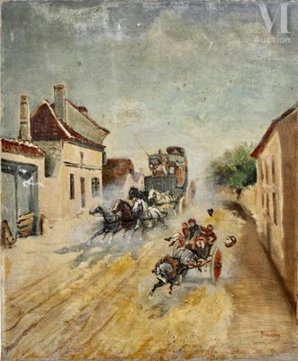 tableau représentant une calèche tirée par des chevaux dans une rue d'une ville