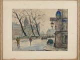 une peinture de personnes marchant dans la rue sous la pluie