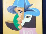une image représentant un tableau où l'on voit une femme coiffée d'un chapeau et un pingouin