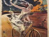 an old poster of a woman riding a bicycle with a bird on the back
