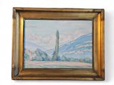 une peinture à l'huile représentant un paysage avec une haute tour au loin
