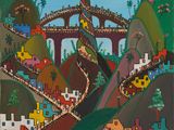 an image of a painting of a colorful town with a bridge