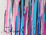 a painting of a pink and blue painting on a white wall