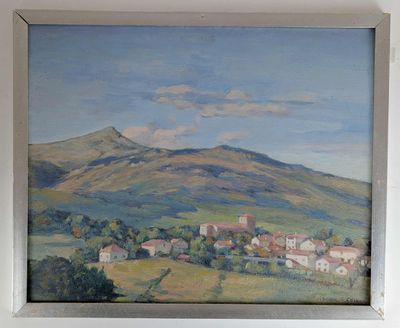 un tableau représentant une petite ville perchée sur une colline