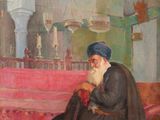 painting of an old man sitting on a bench in a room