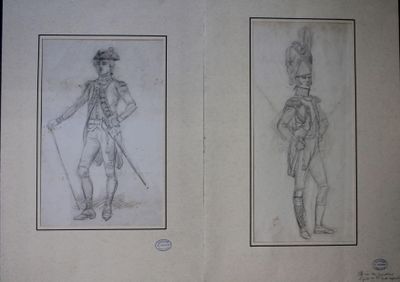 deux dessins représentant un soldat et un soldat avec une épée