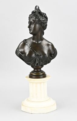 a bronze bust of a woman on a pedestal