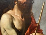 une peinture à l'huile représentant un homme coiffé d'une couronne et tenant un bâton