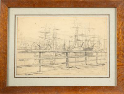 an image of a drawing of ships docked in a harbor